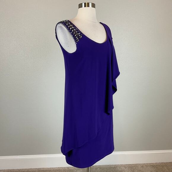 Betsy & Adam One Shoulder Beaded Cocktail Dress Purple Size 4 Ruffled Shift - Picture 3 of 13